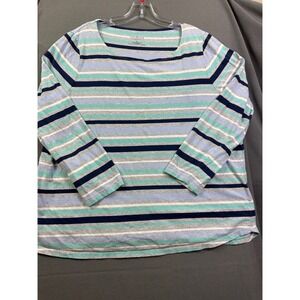 Talbots Woman Blue Teal Striped Long Sleeve Cotton Spandex Tee Shirt 2X‎